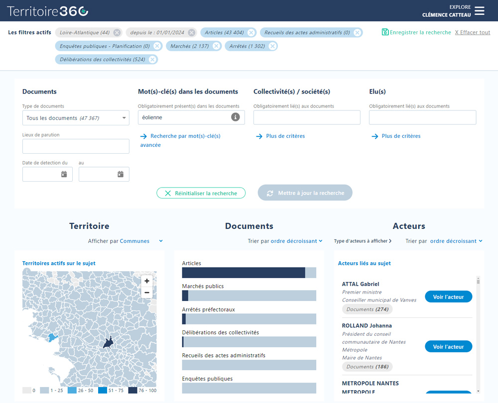 utilisation de l'outil d'analyse des territoires sur territoire360 pour une recherche de mots clés liés à l'énergie éolienne