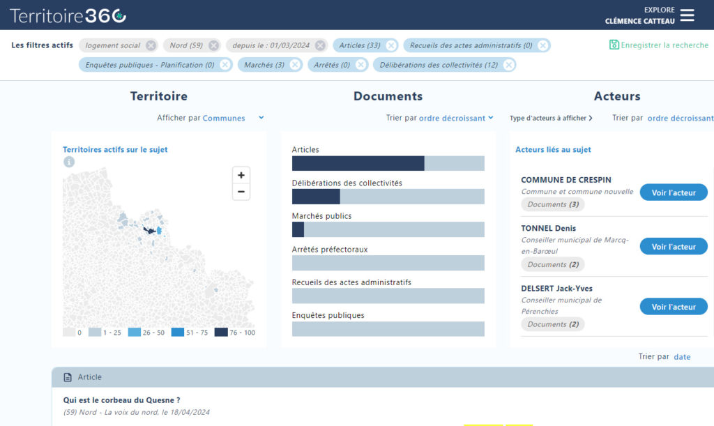 mockup issu de l'outil territoire360 représentant la recherche du terme logement sur le territoire