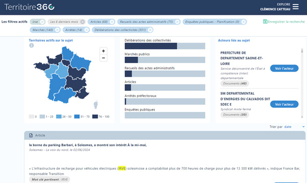 mockup de la plateforme territoire360 sur la requete des bornes de recharge